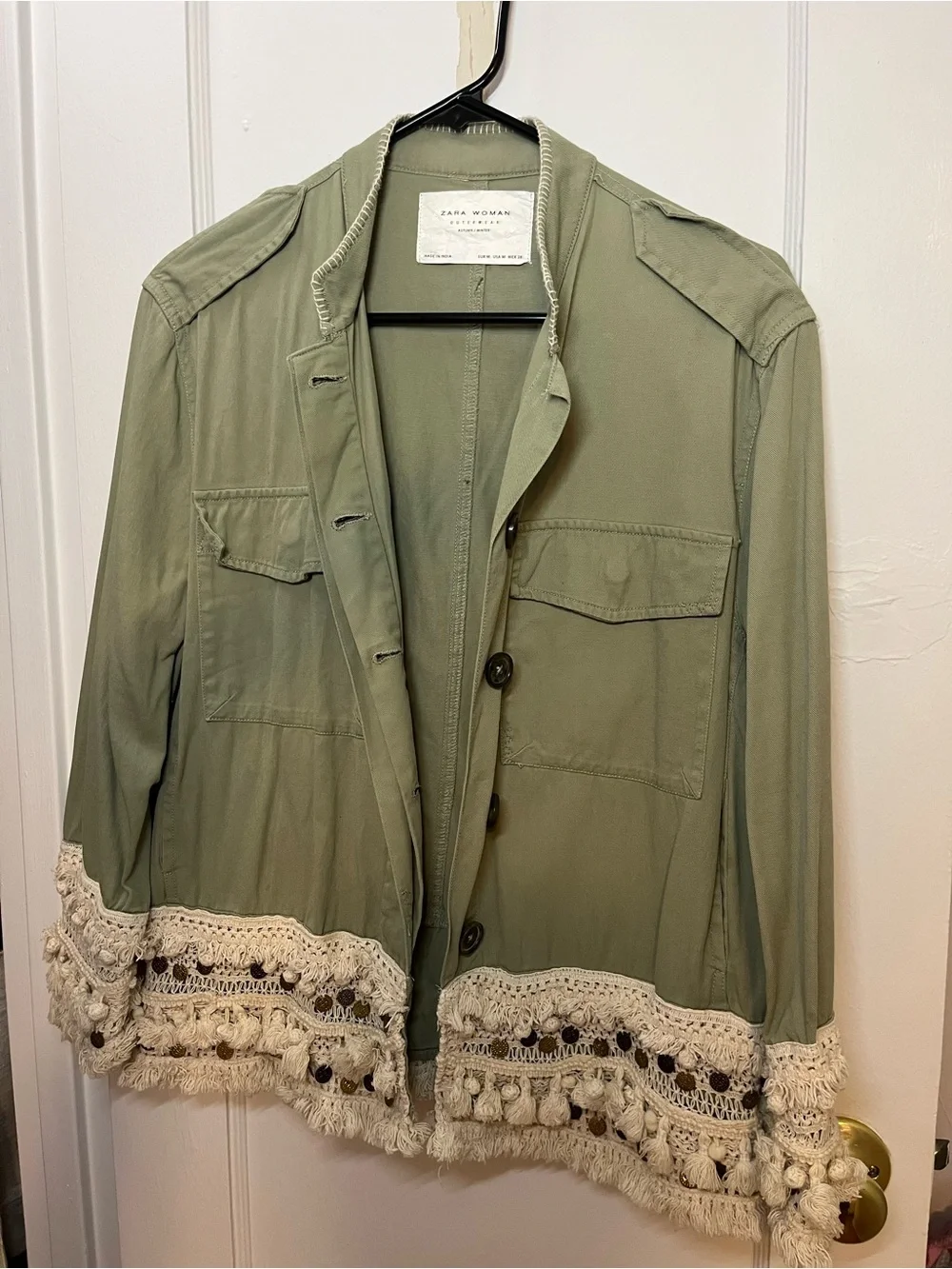 Zara Olive Green Utility Jacket with Cream Crochet Trim
